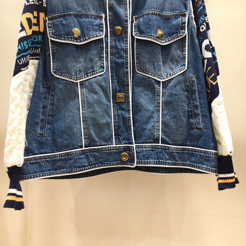 Women's Clothing Autumn And Winter Lazy Style Letter Contrast Color Stitching Sweater Sleeve Denim Jacket Female Ins Trendy Brand Windbreaker_voghion.com