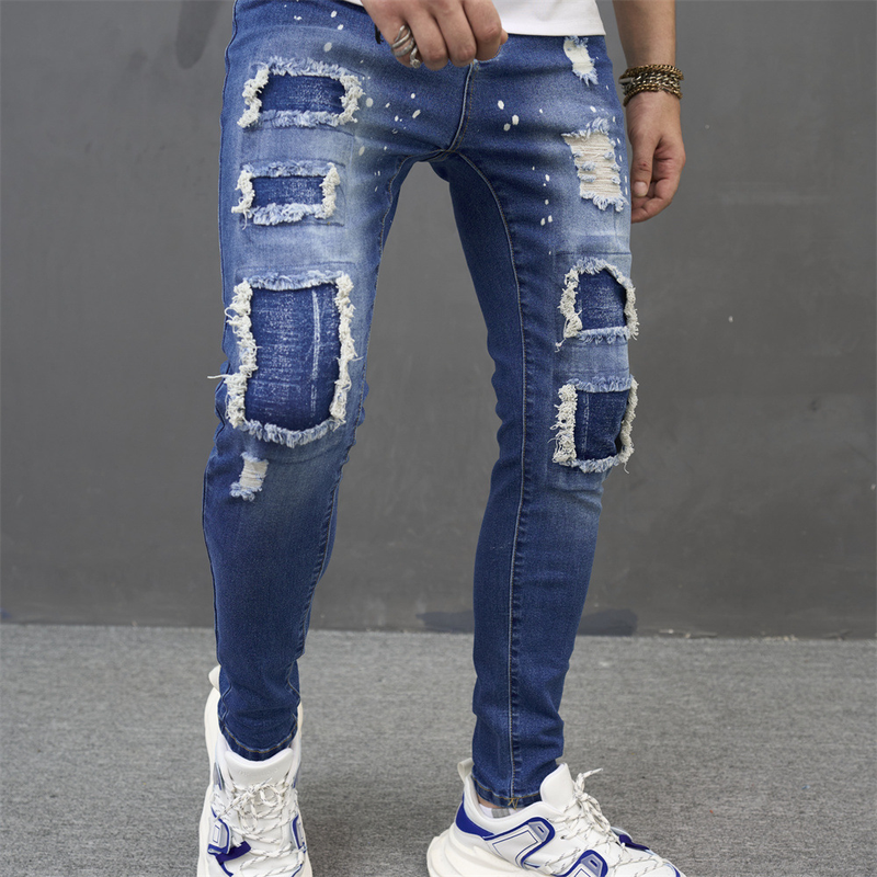 Jeans costurado tecido patch irregular calças plissadas tendência estilo clássico masculino_voghion.com