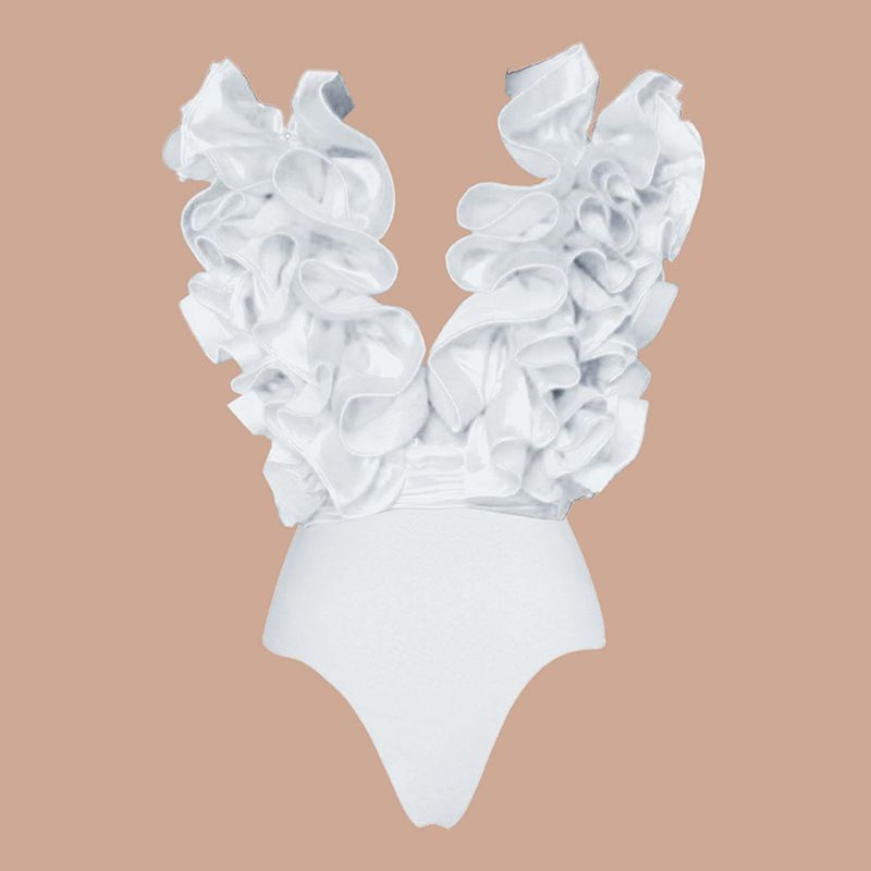 Maillot de bain en dentelle pour femme avec jupe irrégulière et col en V_voghion.com