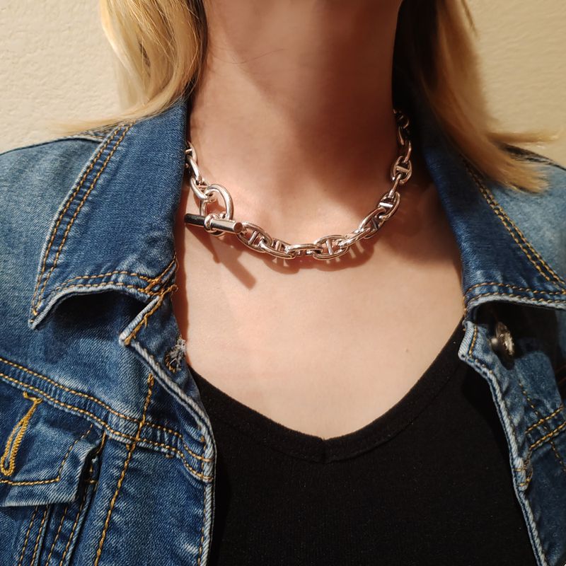 Collier épais en argent sterling S925, style rétro punk, texture lisse, unisexe, chaîne clavicule disco, motif nez de cochon._voghion.com