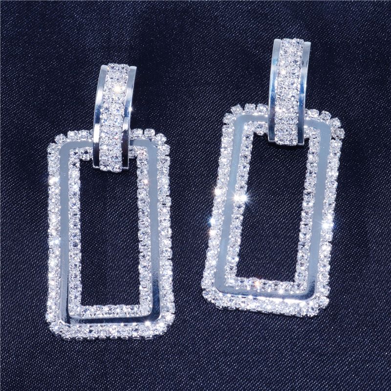 Diamond exaggerated Japanese Korean temperament, geometric long with female personality, square tassel earrings,_voghion.com