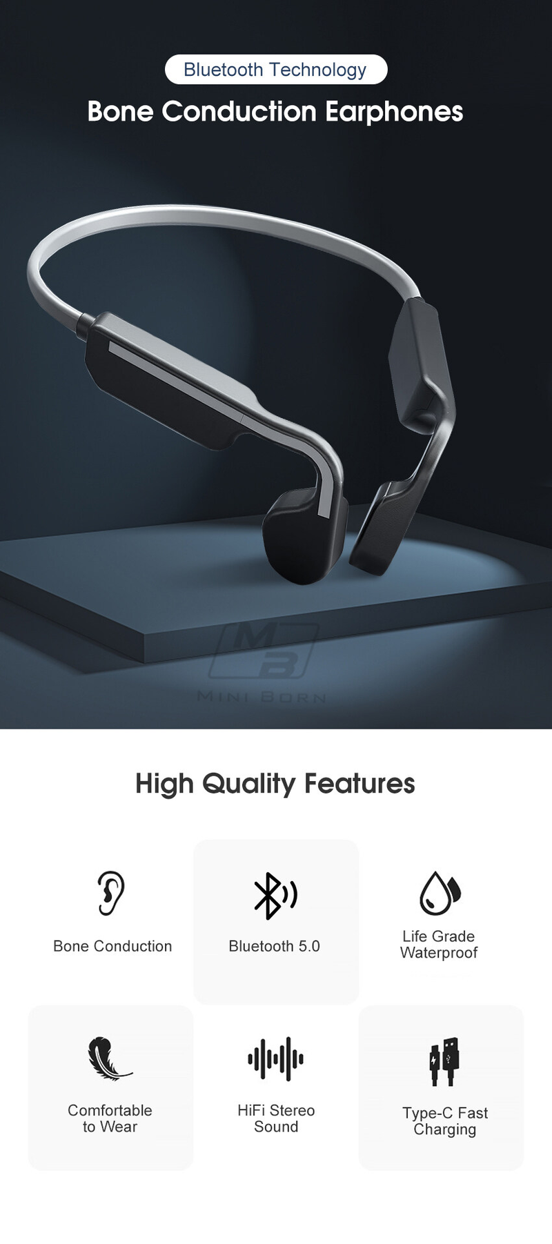 2024 Cuffie wireless Bluetooth 5.0 Cuffie a conduzione ossea Cuffie con archetto da collo aperte Auricolari non in-ear Stereo HD_voghion.com