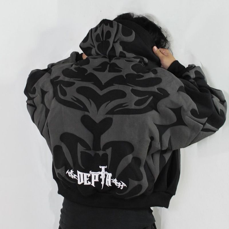 Gothic Print Zip-Up Hoodie - Unisex Dark Aesthetic Sweater | Winter Warm Pullover_voghion.com