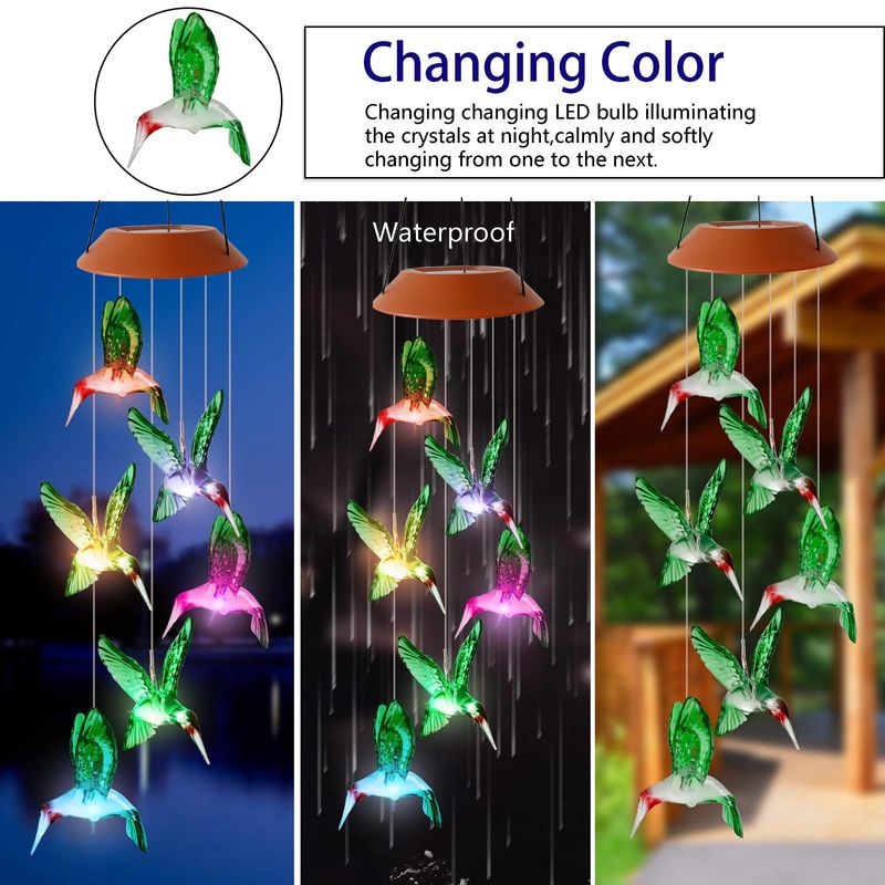 Nuovo campanello eolico solare da esterno con luce LED colorata sfumata, colibrì, conchiglia rossa, piccolo uccello colorato_voghion.com