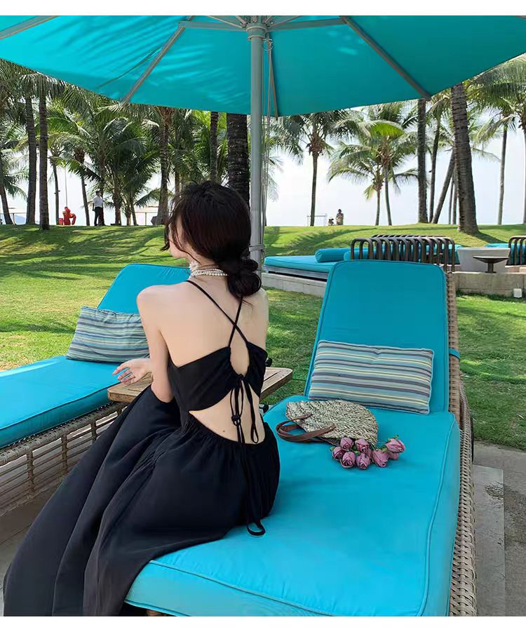 Top cu bretele, fără spate, cu senzație de lux, subțire și sexy, vacanță la mare, plaja Sanya, Hainan, negru lung pentru femei_voghion.com