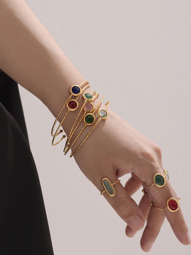 Bracciale in acciaio inossidabile con pietre di vetro verde ceco rotonde e quadrate, semplice e versatile._voghion.com