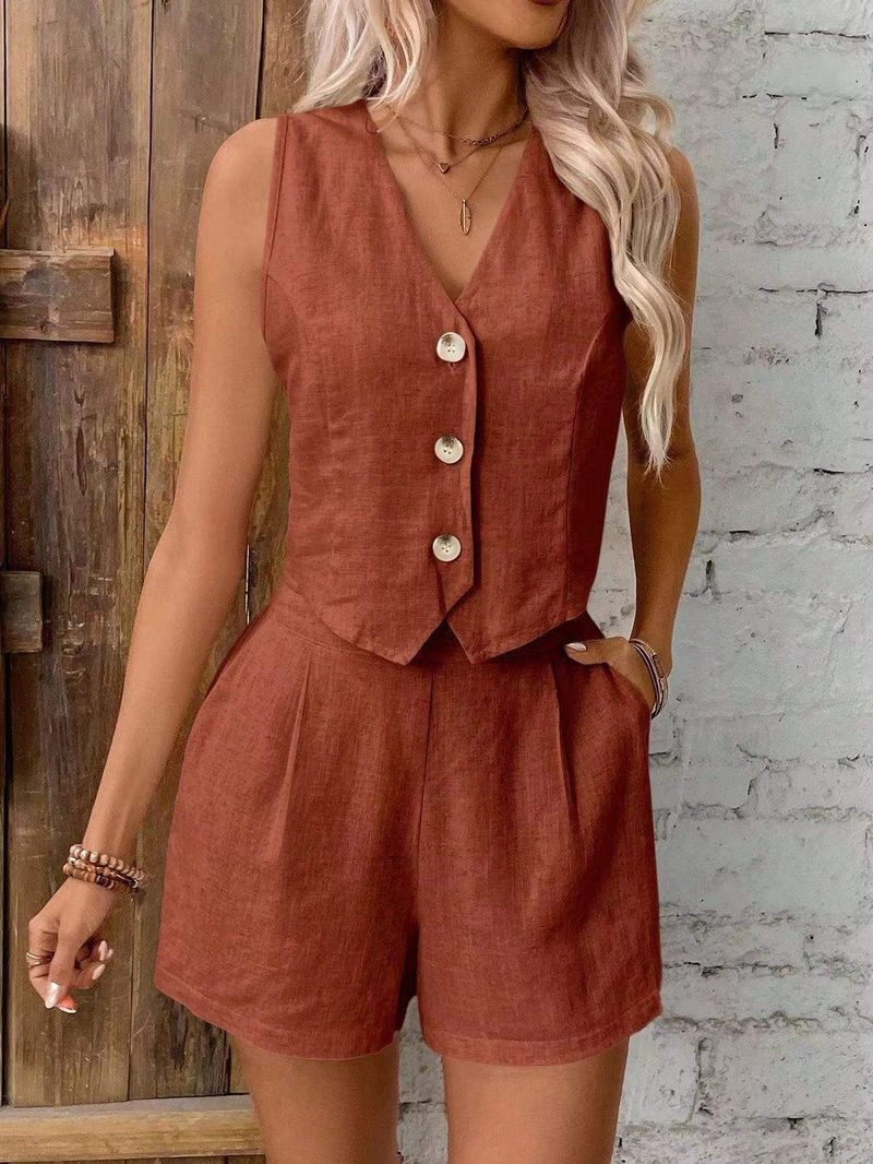 Conjunto de ropa de mujer de lino, informal, de verano, con chaleco y pantalones cortos con botones delanteros y cuello en V, ropa de otoño_voghion.com