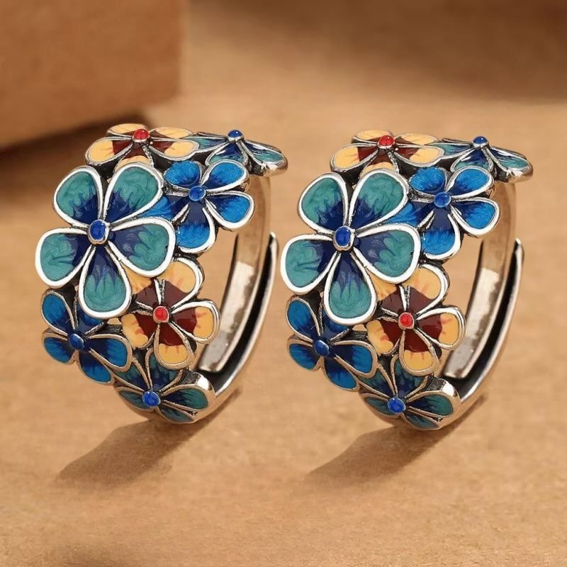 Muttertagsgeschenk Emaille-Blütenring Retro-Ethno-Stil Öffnung Verstellbar Kreativer Zeigefingerring_voghion.com
