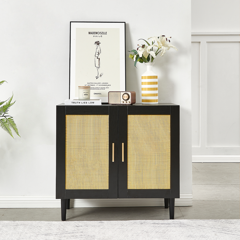 Side Panel Buffet Cabinet With Natural Rattan Door, Rattan Storage Cabinet With Adjustable Shelves, Side Panel And Buffet With Storage Space, Modern Console Cabinet In Bedroom And Living Room_voghion.com