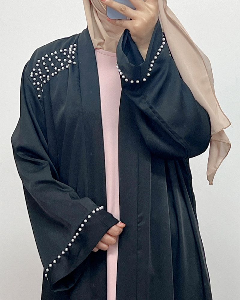 Elegant Dubai Pearl-Embellished Abaya – Long Sleeve Open Front Robe Dress (Black/Burgundy, S-XXL)_voghion.com