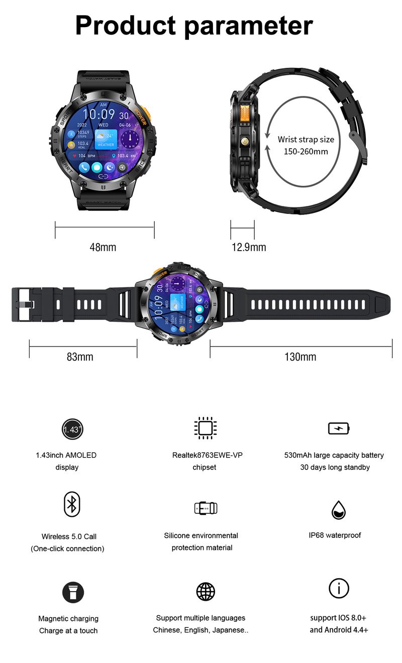 2025 New Smart Watch Men Outdoor 530mAh Large Battery Bluetooth Call Sport Fiess Bracelet AMOLED Screen Flashlight_voghion.com