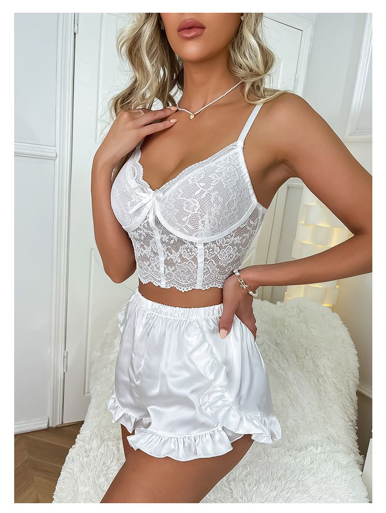 pajamas for women white lace suspenders lace shorts home sexy suit_voghion.com