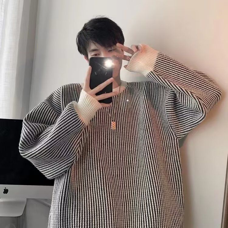 Men's & Women's Striped Knit Sweater - Casual Crewneck Pullover With Color Block Design, Soft & Breathable For Fall & Winter_voghion.com