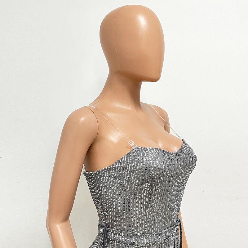 Dametøj Ærmeløs pailletterbæltejumpsuit ensfarvet tubetop rygløs jumpsuit_voghion.com