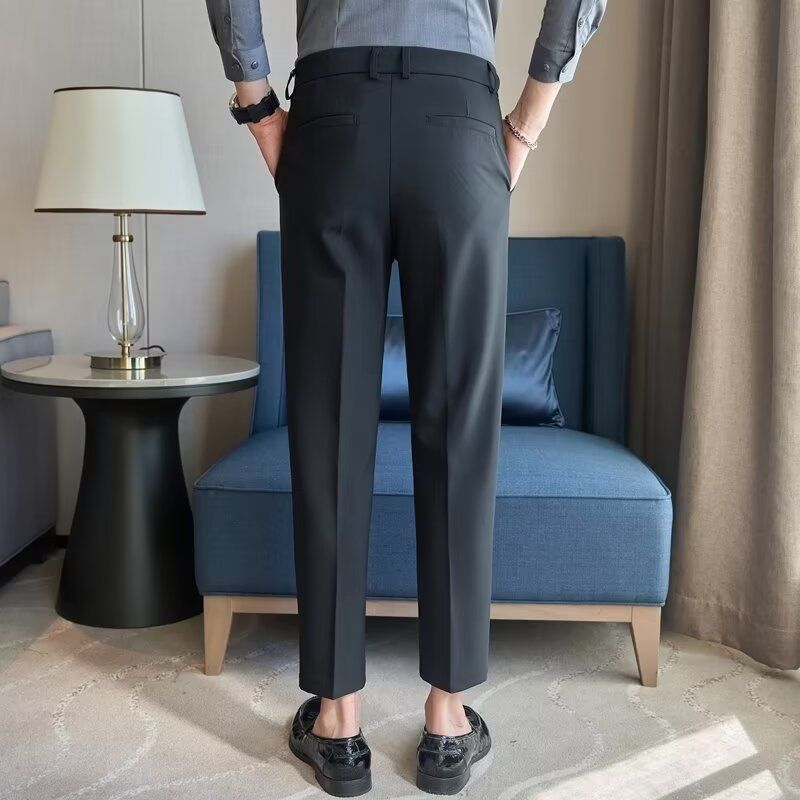 Spring And Summer New Men's Suit Pants Men's Solid Color Non-ironing Casual Pants Commuting To Work Slim-fitting Solid Color Nine-point Pants_voghion.com