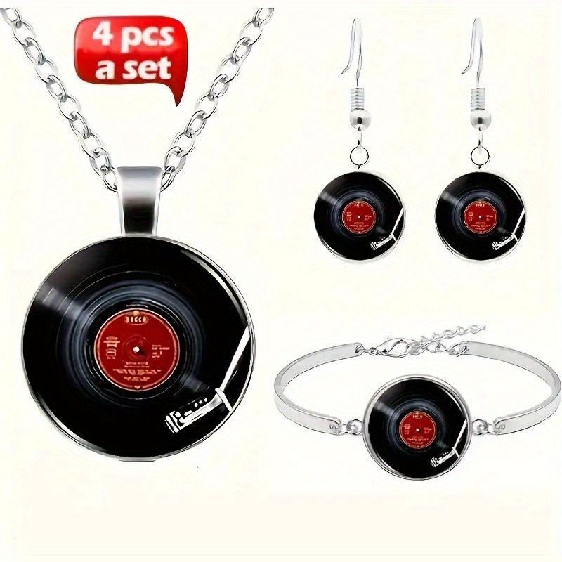 A Set Of Four Simple Fashion Jewelry Sets, Vinyl Record Pendant Necklace, Matching Earrings And Bracelet._voghion.com