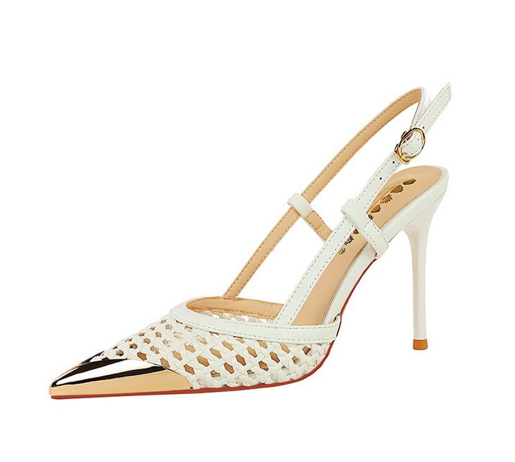 Hollow Woven Stiletto Sandals Women's High-end Metal Pointed One-word Strap High Heels_voghion.com