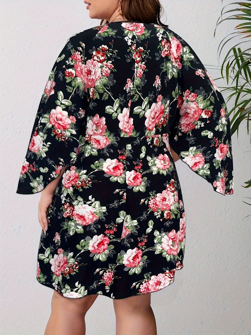Vestido elegante de talla grande con estampado floral, manga larga, talla grande, para vacaciones de primavera y verano, mangas sueltas con forma de hoja de loto, falda de largo medio en forma de A_voghion.com
