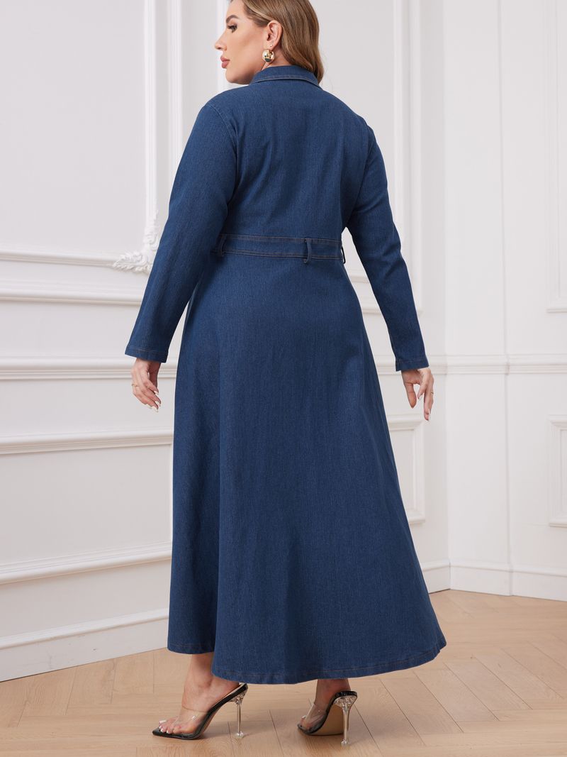 Damenbekleidung Große Größen Damenbekleidung Denim Revers Langärmliges offenes Brustkleid_voghion.com