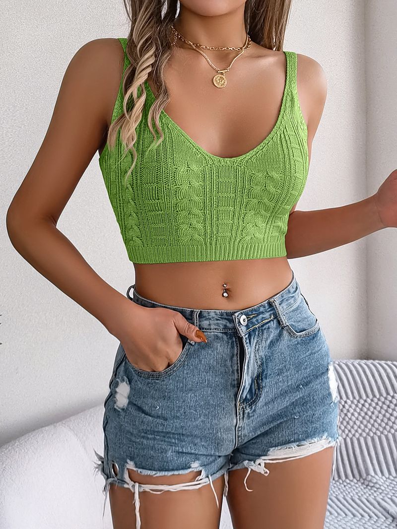 2025 Spring Summer Solid Color V-Neck Cable Knit Crop Top Vacation Knitwear Women's Fashion_voghion.com