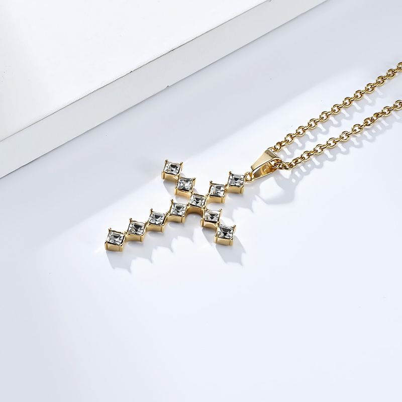 Neutral genderless light luxury style diamond studded titanium steel cross necklace for men and women with personalized diamond square diamond cross_voghion.com