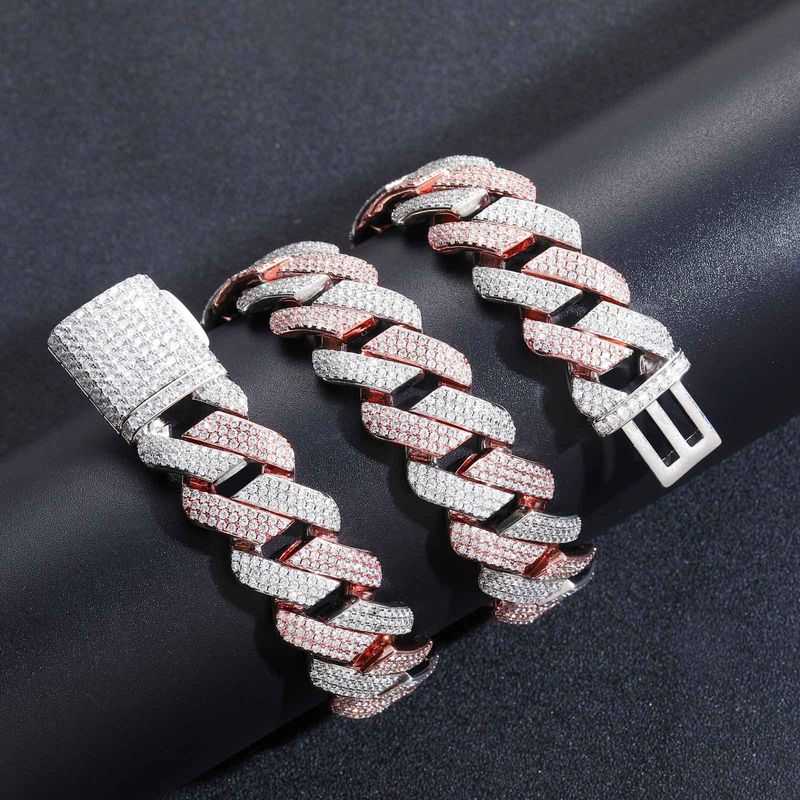 Unisex Hip Hop Necklace 20mm Three Row Zircon Rose Gold Two Color Diamond Cuban Chain Men's Personality Necklace_voghion.com