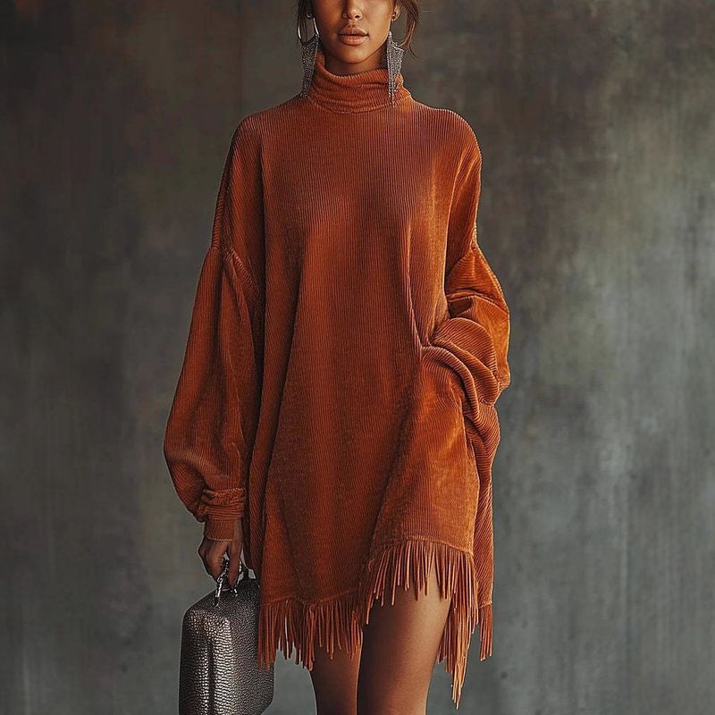 Women's Clothing Effortless Boho Corduroy Dress – Oversized Long Sleeve Tunic With Fringe Detail & Pockets_voghion.com