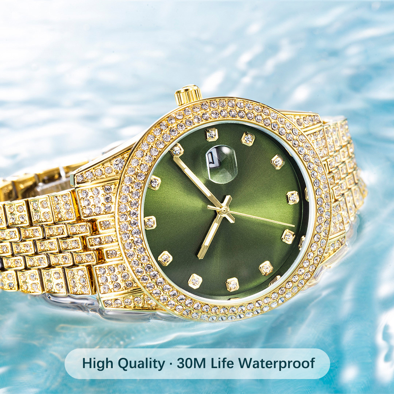MISSFOX Brand Fashion Hip Hop Full Diamond Glow Calendar Men's Quartz Watch_voghion.com