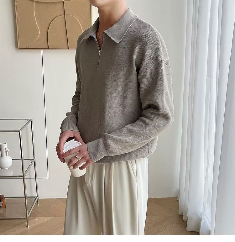 Maglione da uomo con colletto polo e mezza zip, autunno inverno, pullover lavorato a maglia, stile giapponese, semplice, casual, elegante, base_voghion.com