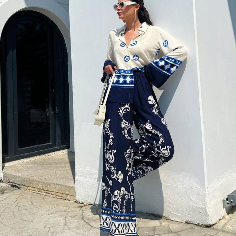 Vêtements pour femmes, mode positionnement imprimé, hauts amples à manches longues, pantalons à jambes larges, ensemble deux pièces_voghion.com