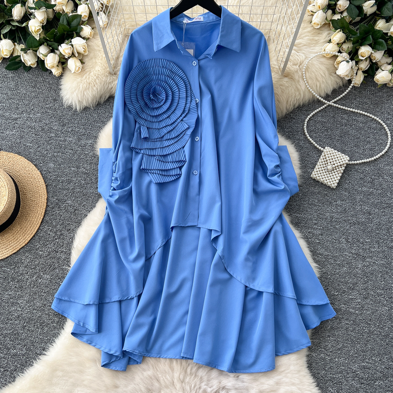 Damenbekleidung 1 Sense Polokragenshirt Damen Herbst Dreidimensionale Blume Lose Unregelmäßige Faltenschwanz-Design Top_voghion.com