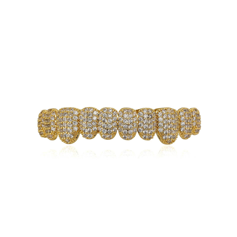Set di grillz hip hop con 10 denti in diamanti micro-pavé - Gioielli dentali placcati in oro e argento, perfetti per Halloween, feste e spettacoli rap._voghion.com