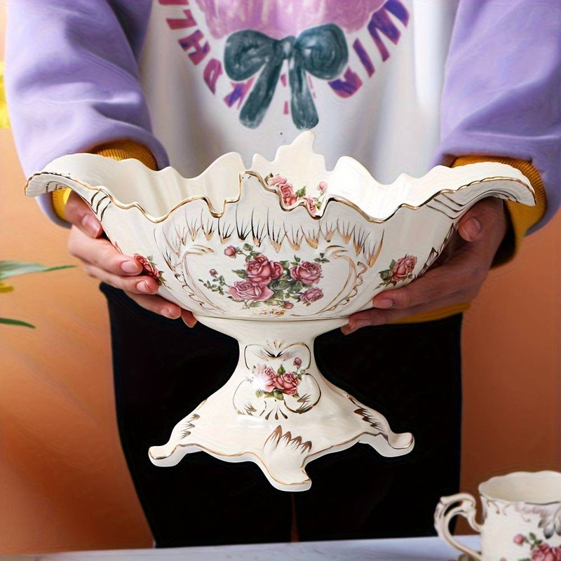 European-Style Luxury Ceramic Fruit Plate - 33.02cm Oval High-Foot Stand With Rose Printed Design, Elegant Table Decor For Home_voghion.com