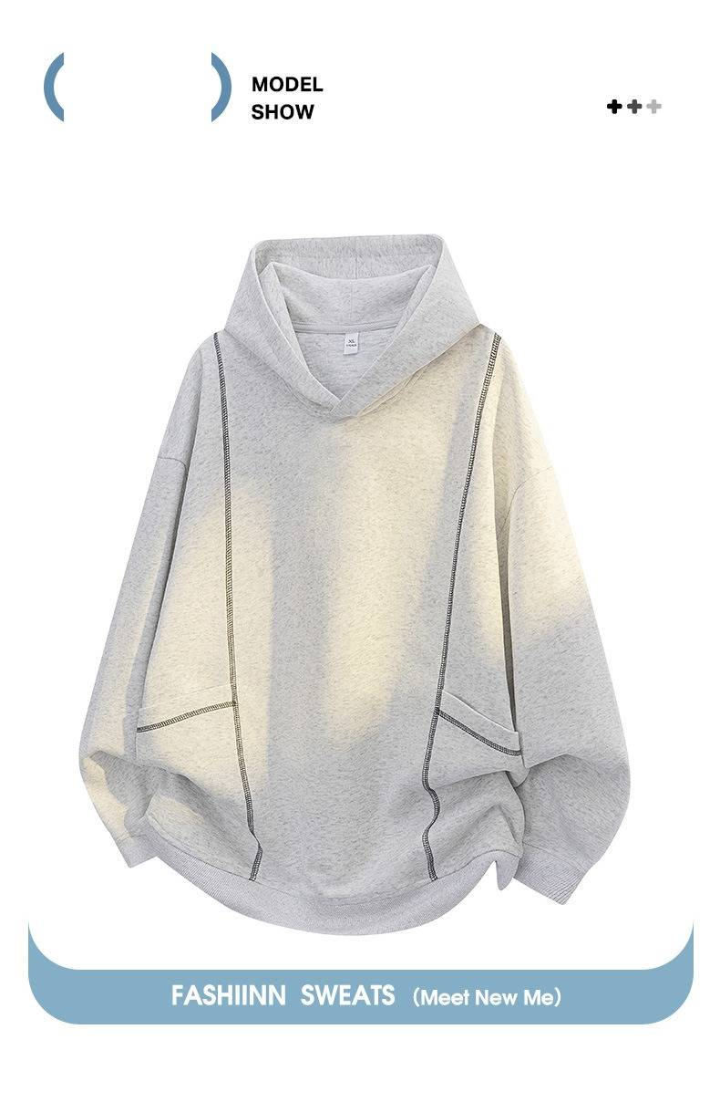 Felpa con cappuccio da uomo in misto cotone di alta qualità, design patchwork ispirato all'American Vintage con vestibilità oversize per streetwear e abbigliamento casual da casa._voghion.com