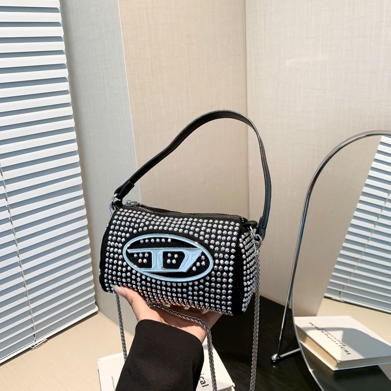 Bolso de hombro de lujo para mujer, con superficie brillante de metal, letras tachonadas, gran capacidad, cremallera, correa ajustable, multifunción, para uso diario, 17,5 x 7 x 10,5 cm._voghion.com