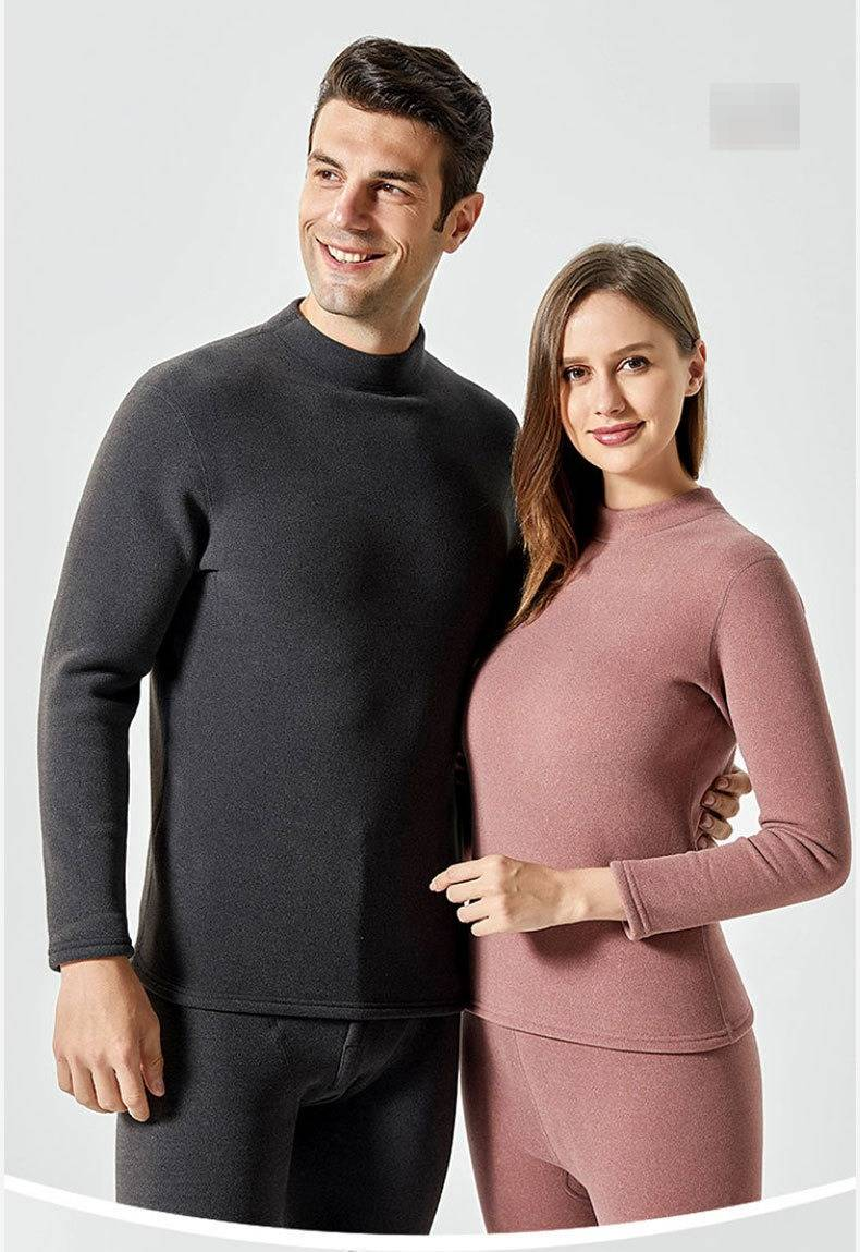 Conjunto de ropa interior térmica para hombre y mujer, con forro polar, cálido, antiestático y antibolitas (850 g, doble capa, cuello redondo/alto)_voghion.com