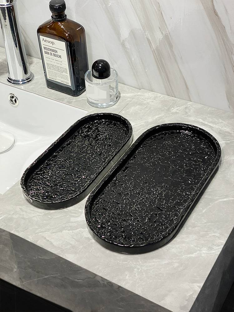 Modernes Keramiktablett – Minimalistischer ovaler Badezimmer- und Kosmetik-Organizer für Seife, Schmuck und Kosmetik | Mikrowellengeeignetes Tablett für die Arbeitsplatte_voghion.com