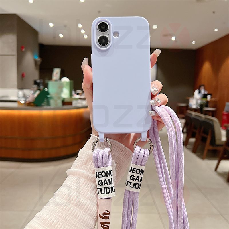 Crossbody Necklace Strap Cord Matte Soft Phone Case For iPhone 16 15 Pro Max 14 Plus 13 12 11 Liquid Silicone Shockproof Cover_voghion.com