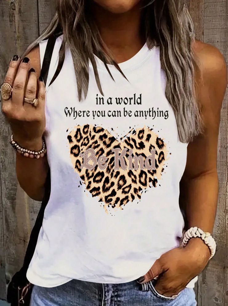 Fashionable and versatile letter and leopard heart printed vest, loose and simple sleeveless_voghion.com