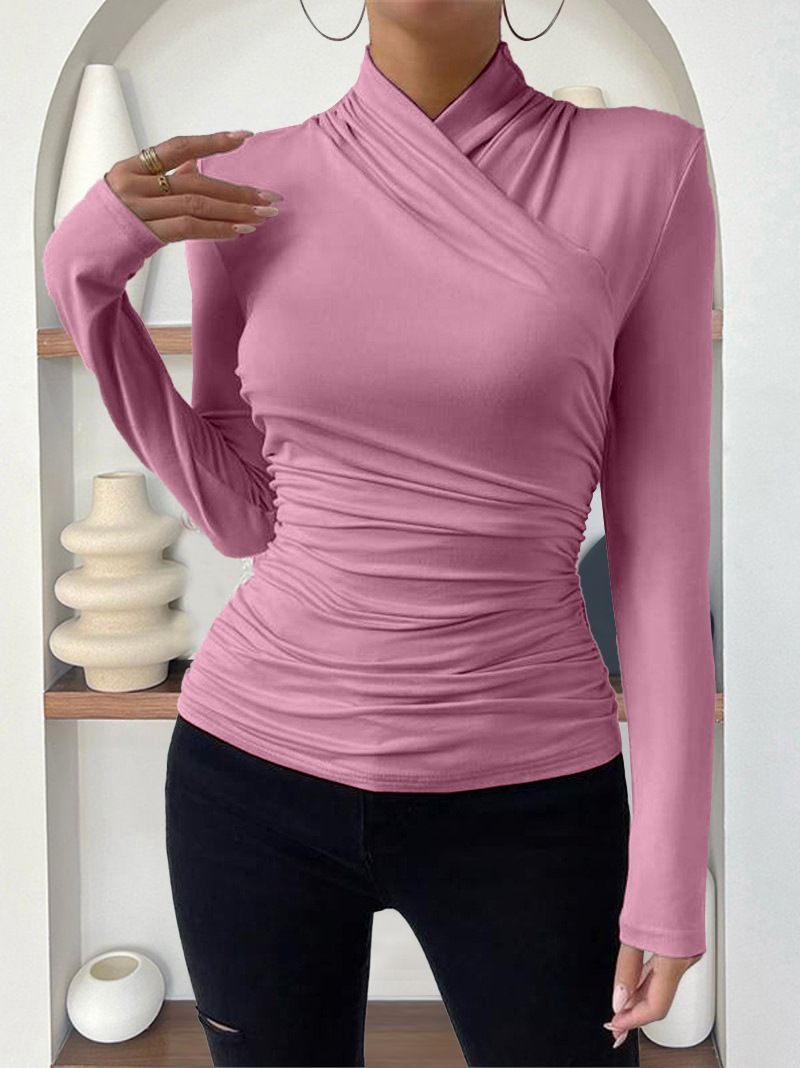 Evropský a americký přeshraniční svetr Podzimní a zimní nový design Sense Cross Colour s dlouhým rukávem Slim All Match Jednobarevné skládané tričko_voghion.com