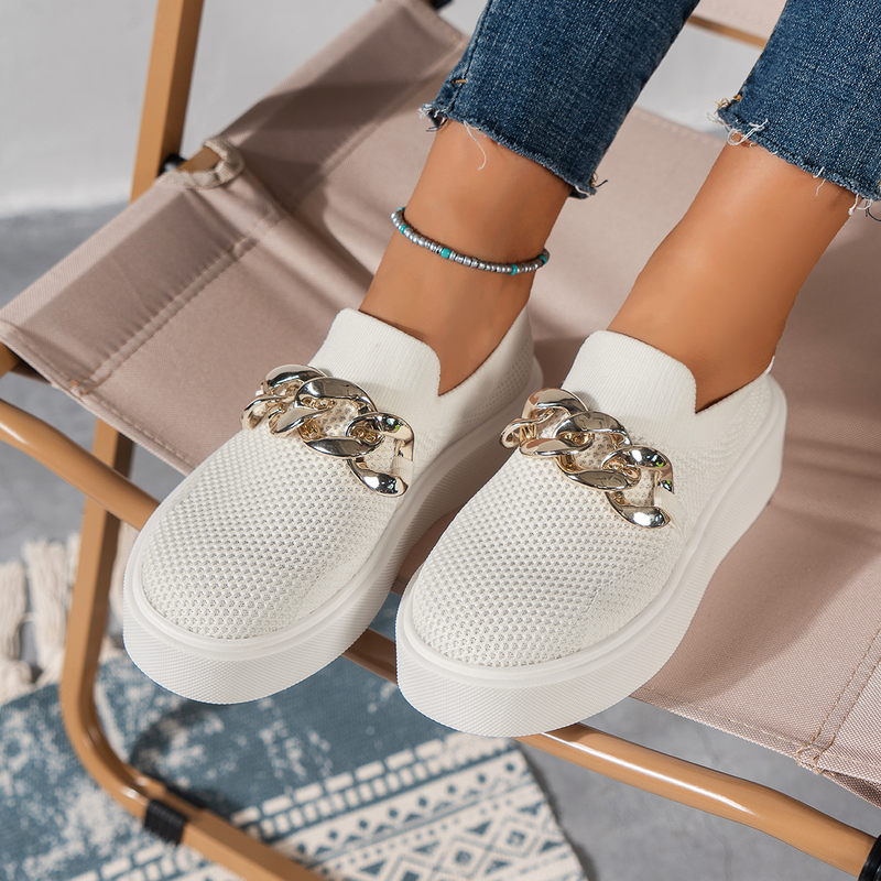 Women's Chain Decor Breathable Mesh Air Round Toe Flat Shoes, Girl's Slip On Loafers Women's Shoes_voghion.com
