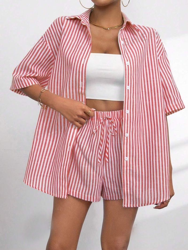Ensemble deux pièces pour femme, décontracté, rayé, manches courtes, pantalon, revers_voghion.com