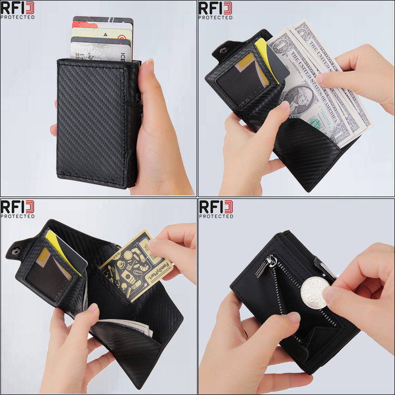 Dienqi carteira masculina de fibra de carbono, carteira pequena com três dobras em couro preto e mágico, bolsa pequena para dinheiro_voghion.com