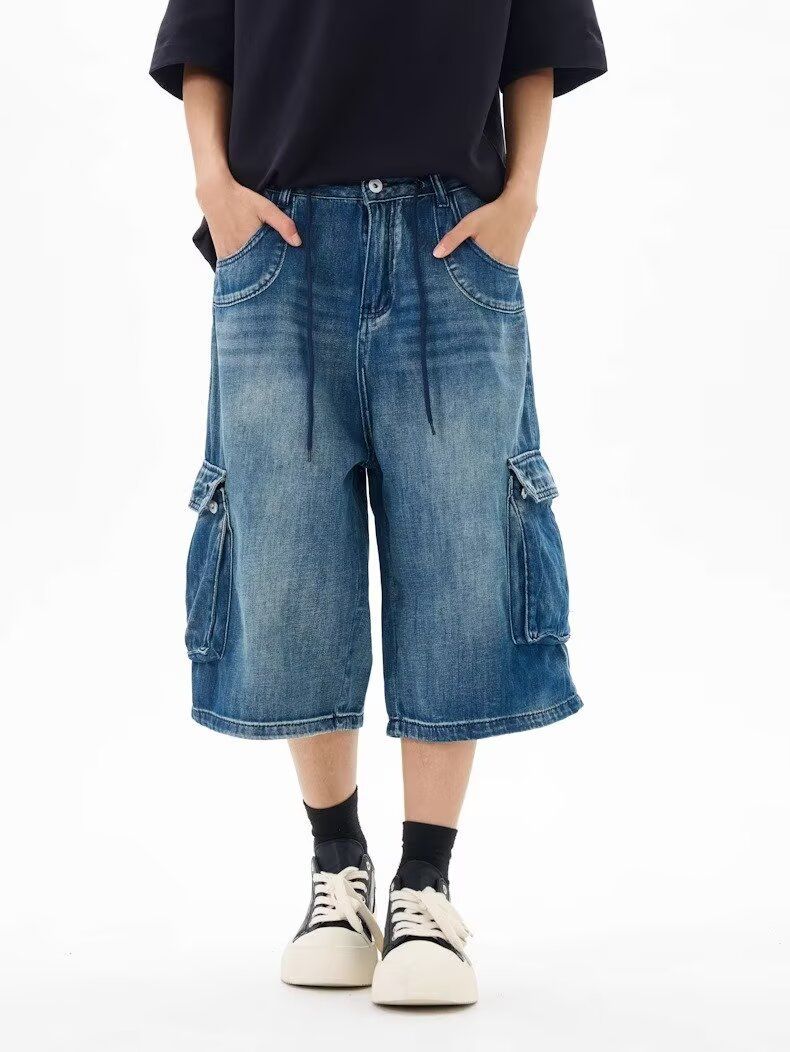 Summer New American Style Loose Fit Three-Dimensional Pocket Capri Pants Unisex Cargo Denim Shorts Versatile Slimming_voghion.com