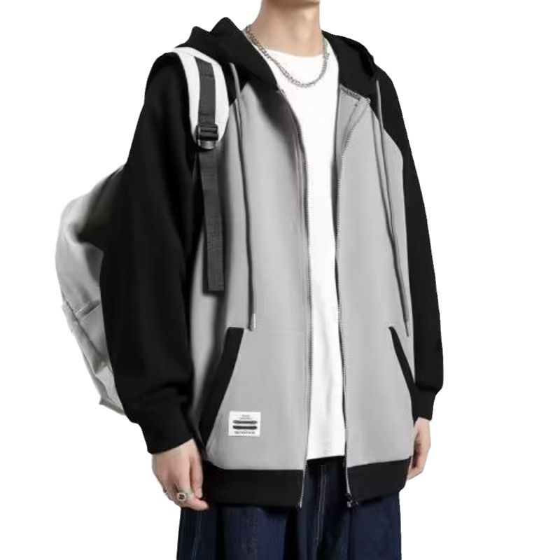 New hooded cardigan hoodie men's retro spring and autumn loose casual jacket two tone patchwork jacket_voghion.com