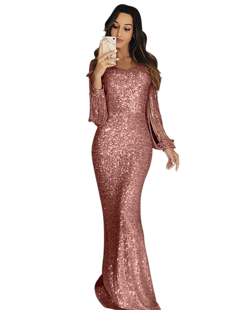 Damenbekleidung Langer Rock Abendkleid Langärmliges Abendkleid mit Quaste_voghion.com