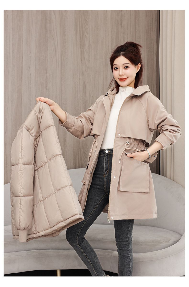 Women's Parka Coat With Detachable Faux Fur Hood, Mid-Length Winter Jacket For Ladies, Warm Quilted Polyester Outerwear With Rabbit Fur Trim_voghion.com