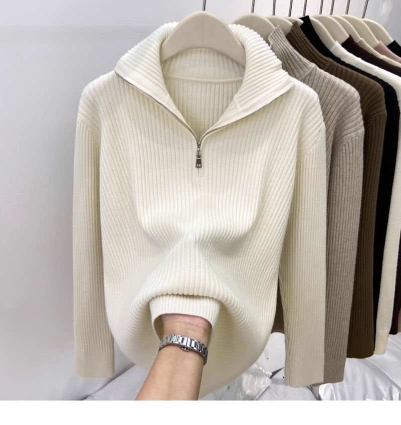 Damen Slim Fit Pullover mit hohem Kragen und Reißverschluss, lässiger Strickpullover für Herbst und Winter – Haferflocken, Beige, Schwarz_voghion.com