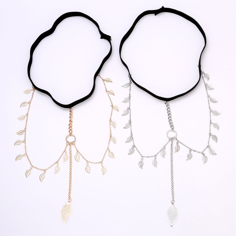 New Sexy Thigh Chain, Fashionable Black Elastic Leg Ring, Alloy Leaf Multi-layer Tassel, Trendy Body Chain_voghion.com