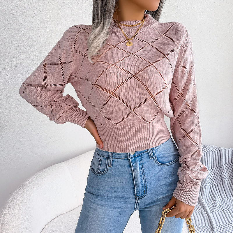2024 Herbst und Winter Hohl Plaid Langarm Cropped Strickpullover Damenmode_voghion.com